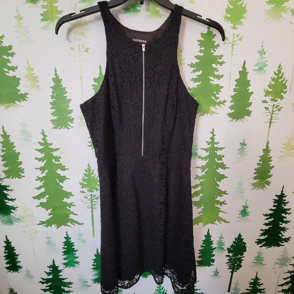 Express Front Zip-up Lace Flare Dress.